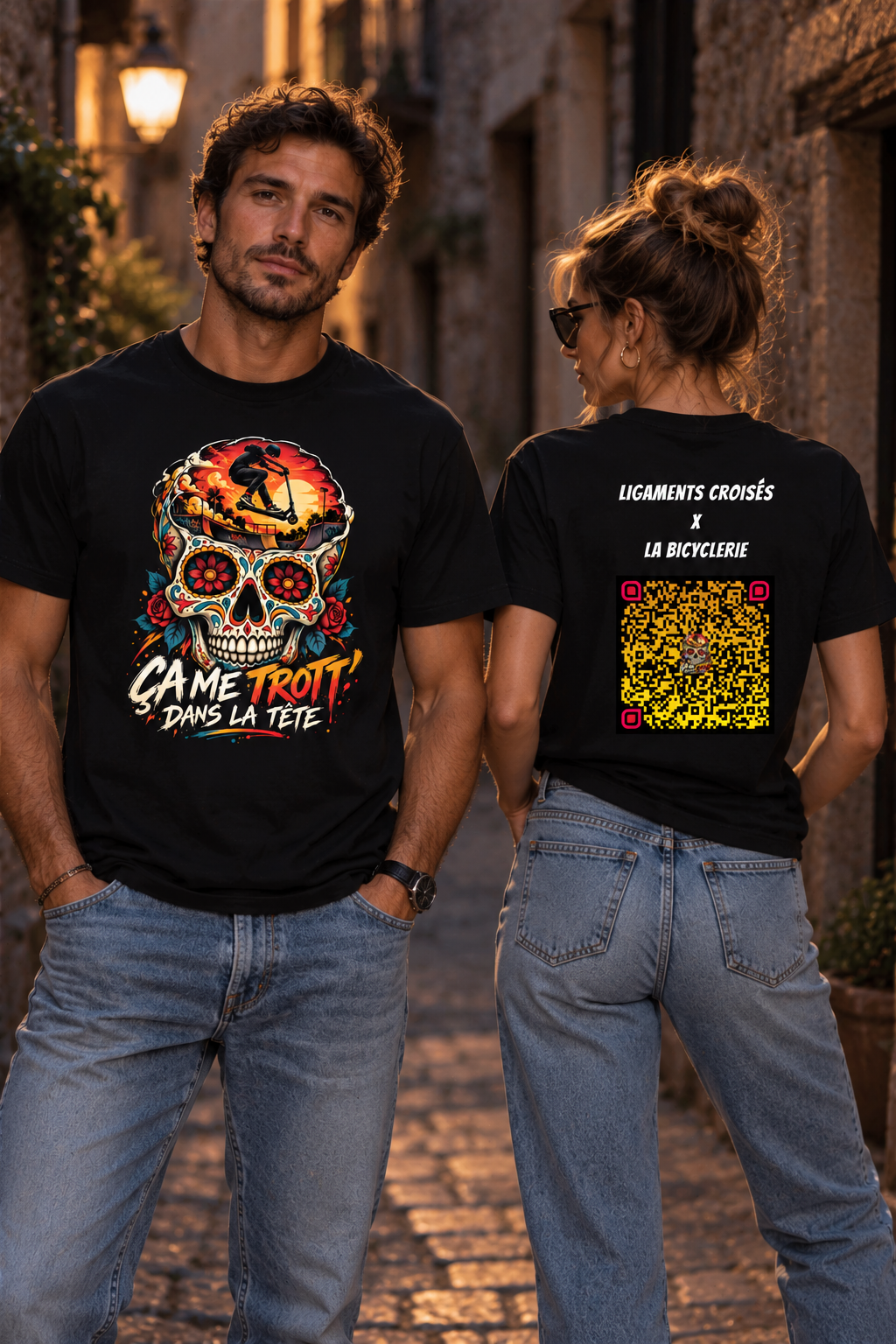 T-shirt LC x La Bicyclerie Roannaise porte par un homme de face et une femme de dos