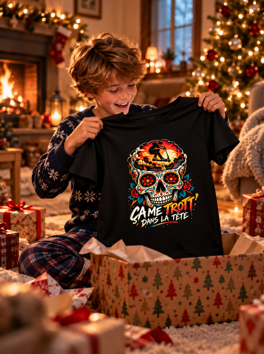 T-shirt LC x La Bicyclerie Roannaise decouvert par un enfant au pied du sapin