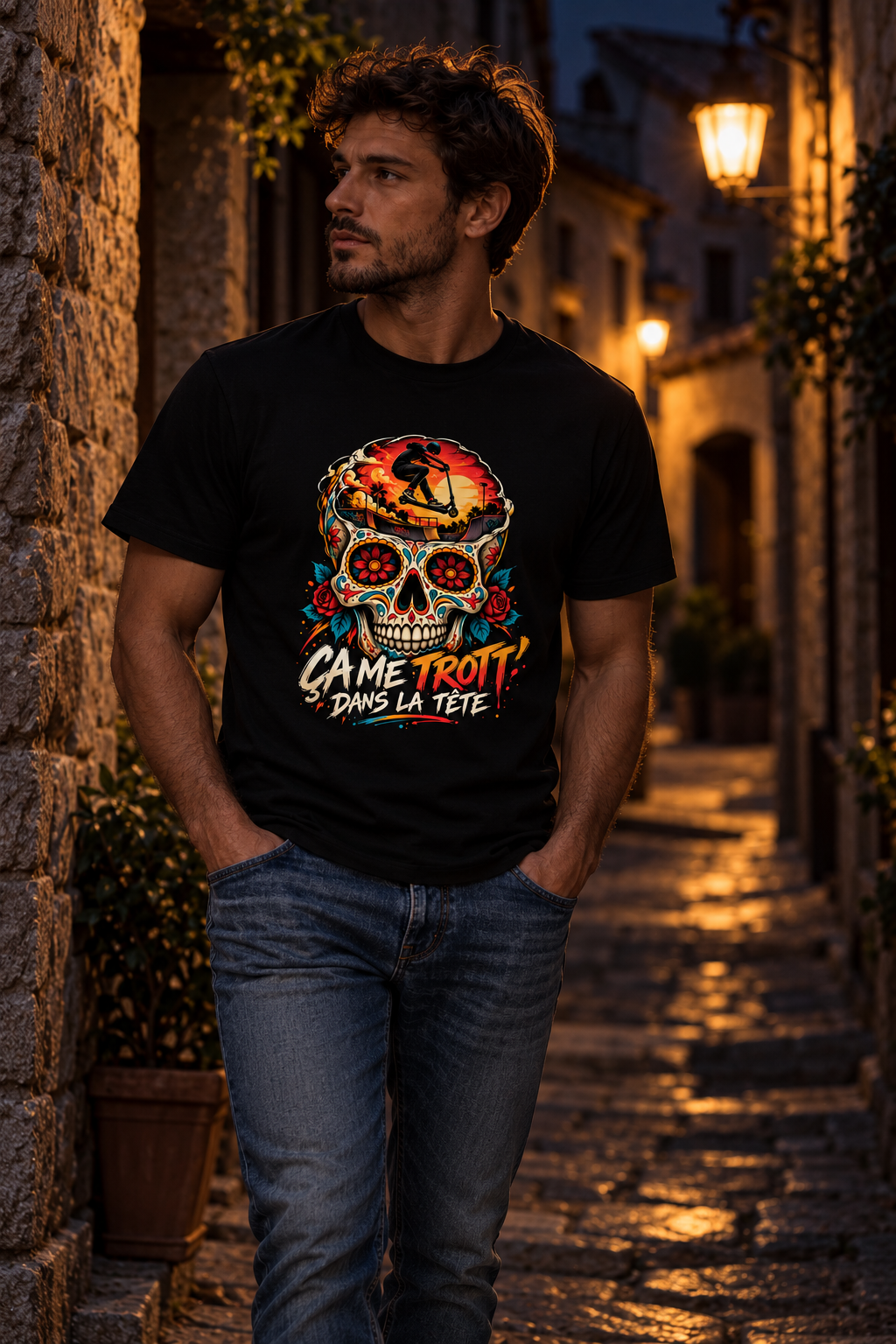 T-shirt LC x La Bicyclerie Roannaise porte par un homme dans une ruelle