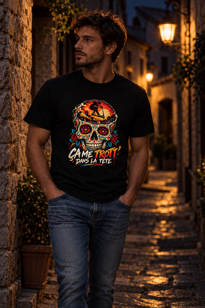 T-shirt LC x La Bicyclerie Roannaise porte par un homme dans une ruelle